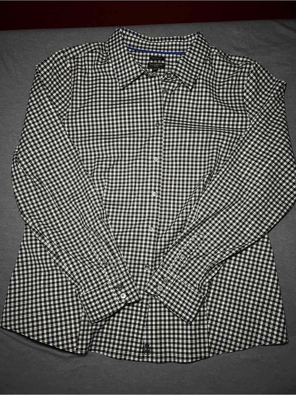 Talbots Black, White & Shiny Gold Plaid Button-Down Shirt Cotton